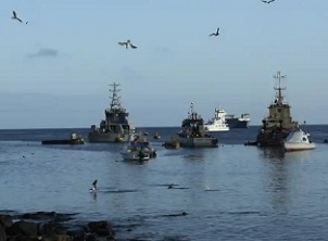 Fishing and tourist boats are anchored in the bay of San Cristóbal, Galapagos Islands, Ecuador. Photograph: Adrian Vasquez/AP