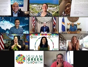 Top row, from left, Guam Lt. Gov. Joshua Tenorio, University of Guam President Dr. Thomas Krise, Guam Gov. Lou Leon Guerrero, UOG Center for Island Sustainability Director Dr. Austin Shelton, Hawaii Gov. David Ige, Marshall Islands President David Kabua, 35th Guam Legislature Speaker Tina Muña Barnes, G3 Coordinator Lauren Swaddell, Hawaii Green Growth Executive Director Celeste Connors, GLISPA Executive Director Kate Brown.