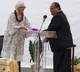 New Zealand High Commissioner HE Tiffany Babington and Prime Minister Hon Dr Pohiva Tu'i'onetoa launch the Climate Resilient Islands Programme, Fa'onelua Centre, Nuku'alofa. Credit - www.matangitonga.to