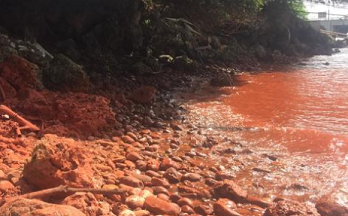 A spill into the bay earlier this year turned the sea red. Photo: Facebook/ Elisha Wesley Mizeu