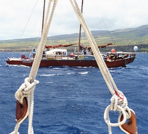 Training sail through the Pailolo Channel. File photo (May 2021) courtesy: Polynesian Voyaging Society.