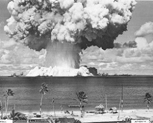 The "Baker" underwater nuclear weapons test at Bikini Atoll in 1946. Dozens of World War II vessels were used as targets for this weapons test, and now lie on the atoll's lagoon floor. Photo: US Navy. Photo: Supplied/ Giff Johnson