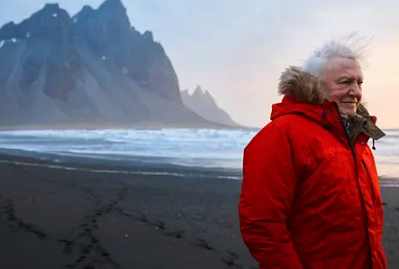 David Attenborough on location filming Seven Worlds, One Planet on the Stokksnes peninsula, Iceland. Photograph: Alex Board/PA