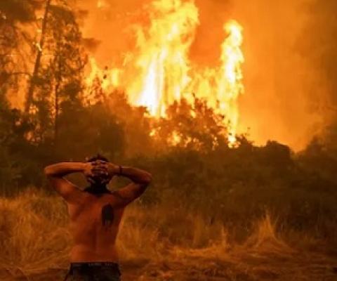A resident watches a wildfire on Evia island, Greece, as the region endures its worst heatwave in decades, which experts have linked to the climate crisis. Photograph: Angelos Tzortzinis/AFP/Getty Images