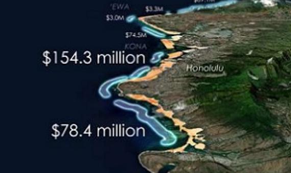 Each kilometer of the highlighted reefs on this map of Oahu provides over $1 million in flood protection benefits each year. Credit: Map by Chris Lowrie and Jessica Kendall-Bar