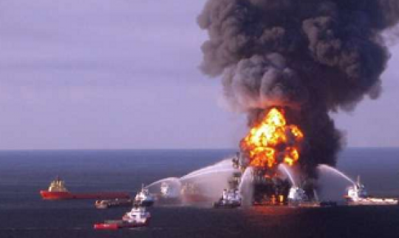 The Deepwater Horizon oil-drilling platform is shown in flames in the Gulf of Mexico two days after an explosion killed 11 workers on the rig