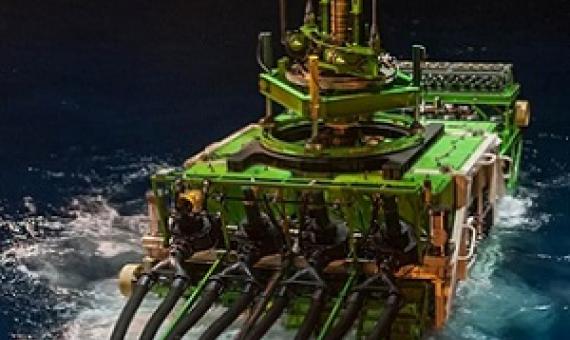 Deep sea mining robot Patania II beginning its descent into the Pacific Ocean. Credit - GSR/Reuters