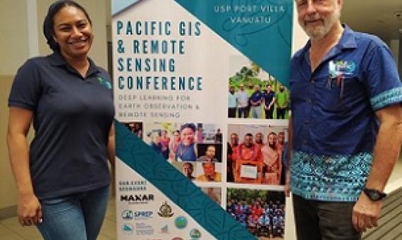 (From left) Pacific GIS and Remote Sensing Council vice-chair Salote Viti and Chairman Wolf Forstreuter at the University of the South Pacific Laucala Campus in Suva on November 22, 2021. Credit - Pacific Gis And Remote Sensing Council