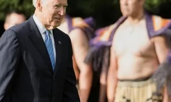 Joe Biden being welcomed to New Zealand by Maori warriors during a visit in 2016. Pacific nations have welcomed his election to the presidency of the United States. Photograph: Chris Cameron/AFP/Getty Images