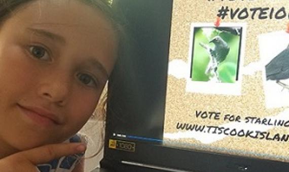 Ari George is the campaign manager for the extinct Kikoi and says 'Vote for Kikoi and I'oi' in Bird for the Year Cook Islands 2021.  Credit - Te Ipukarea Society