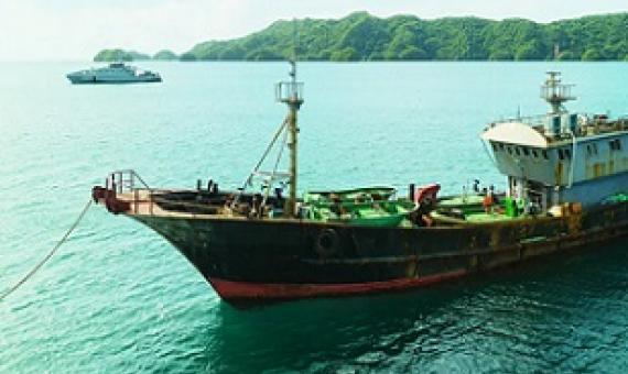 Chinese fishing vessel caught poaching near Helen Reef escorted to Malakal by Remeliik II patrol boat. Credit - https://islandtimes.org/