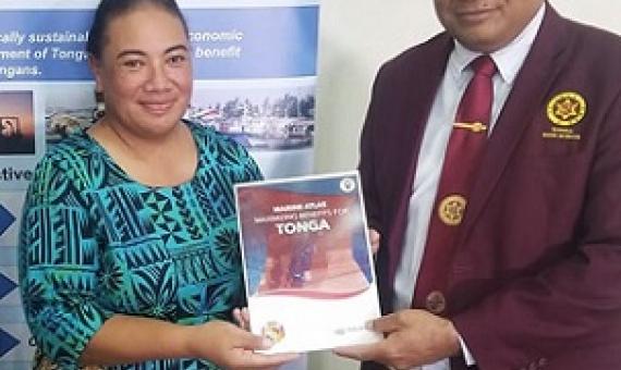 MEIDECC CEO Paula Ma'u, Director of Environment, Lupe Matoto, and Minister for Environment (MEIDECC) Hon Poasi Tei with the new Marine Atlas, Davina House, Ma'ufanga. 8 June 2021. Credit - www.matangitonga.to