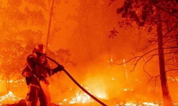 A firefighter douses flames in Madera County, California, in September. Photograph: Josh Edelson/AFP/Getty