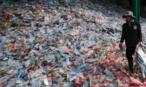 A mound of plastic bottles at a recycling plant near Bangkok in Thailand. Around 300 million tonnes of plastic is made every year and most of it is not recycled. Photograph: Diego Azubel/EPA