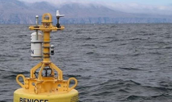 The buoy for acoustic monitoring of whales near the Santa Barbara Channel shipping lanes that provides data to the Whale Safe system. Image courtesy of Benioff Ocean Initiative.