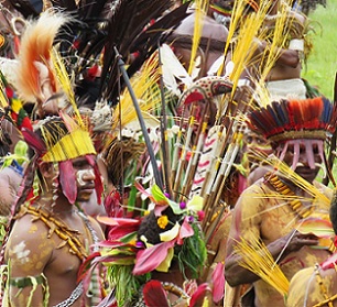 The plumage of birds-of-paradise and parrots adorn traditional costumes and ornaments. Image by Valerie Hukalo via Flickr (CC BY-NC-SA 2.0).